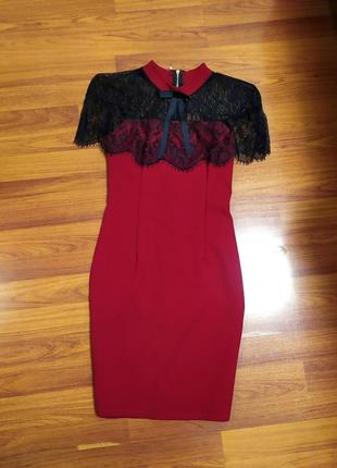 Сукня футляр червона пряма облягаюча плаття по фігурі міді мереживо стоєчка італія1 фото