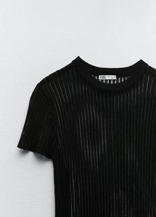 Трендовая черная прозрачная футболка в рубчик zara топ в рубчик с короткими рукавами зара 8779/4087 фото