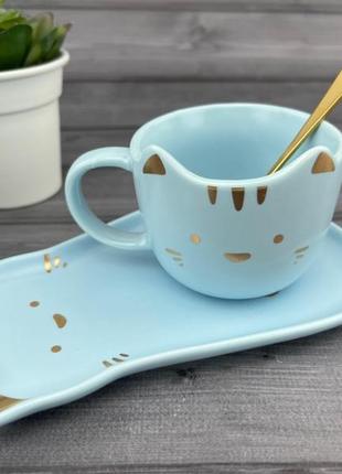 Керамическая чашка с блюдцем и ложечкой meow голубая