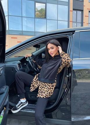 Leopard look💥💥стильний костюм кофта з капюшоном та імітацією сорочки