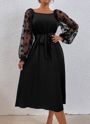 Платье длинное рукава фонарики сетка с поясом черное розлетайка свободного кроя нарядное
