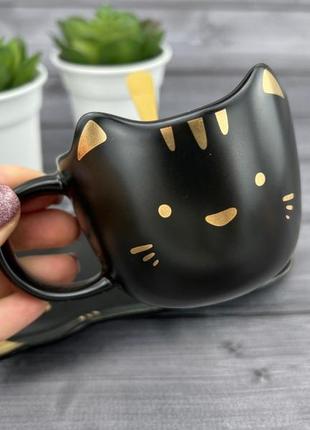 Керамічна чашка з блюдцем та ложечкою meow чорна3 фото