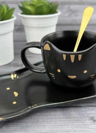 Керамічна чашка з блюдцем та ложечкою meow чорна2 фото