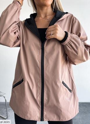 Куртка-ветровка женская стильная удлиненная двухсторонняя весенняя легкая на молнии с капюшоном свободная10 фото