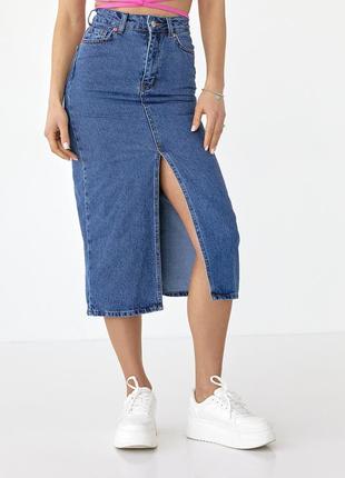 Джинсовая юбка-миди с разрезом спереди - джинс цвет, 34р (есть размеры)