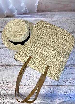 Комплект сумка-шопер жіноча з рафії плетена солом'яний та капелюх каноть кремовий з чорною стрічкою