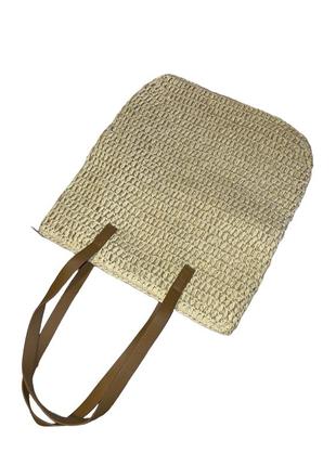 Комплект сумка - шоппер женская из  рафии плетенная соломенная и шляпа канотье кремовая с черной лентой6 фото