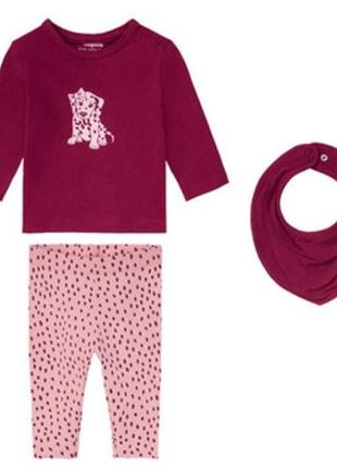Комплект для девочки лонгслив, леггинсы и слюнявчик, рост 50-56, цвет бордовый, розовый1 фото
