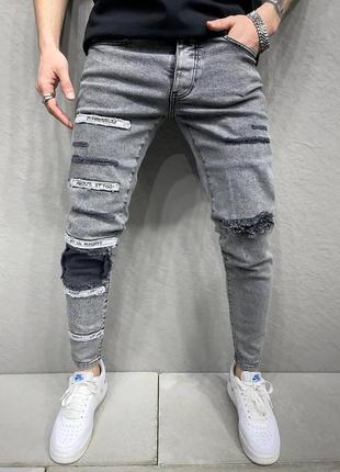 Мужские джинсы с принтами серые  ⁇  стильные джинсы для мужчин с потертостями