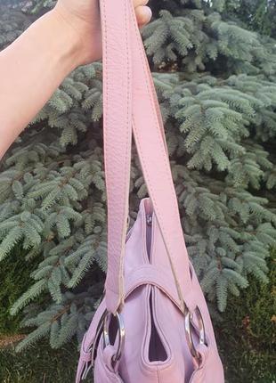 Рожева натуральна шкіряна сумка стьобаний/прошита з довгими ручками3 фото