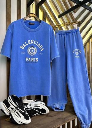 Костюм в стилі balenciaga спортивний виварений футер футболка довга джогери сірий синій розовий фуксія1 фото