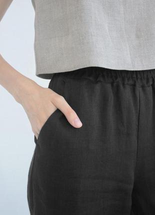 Черные кэжуал летние прямые, льняные брюки5 фото