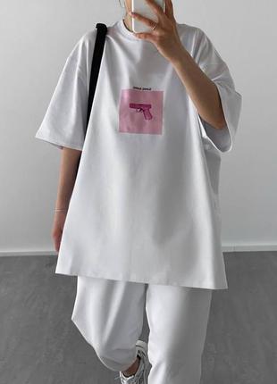 Жіночий білий костюм оверсайз з довгою вільною футболкою зі спортивними штанами джоггерами с м л хл ххл 3хл 44 46 48 50 52 54 s m l xl xxl 3xl2 фото