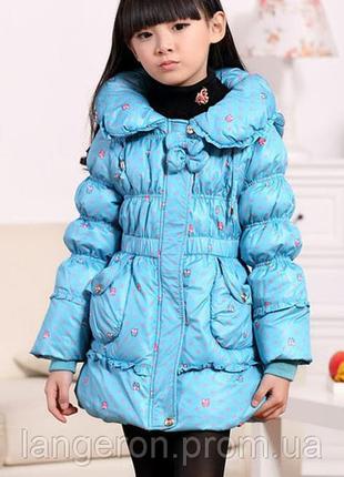 Пуховик для девочки куртка зимняя на натуральном пуху голубой размер 128