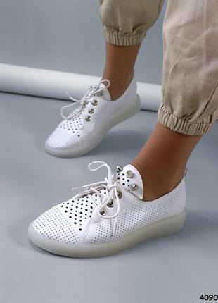 Туфли кеди на шнурках прес шкіра білі жіночі6 фото