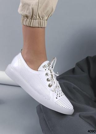 Туфли кеди на шнурках прес шкіра білі жіночі3 фото