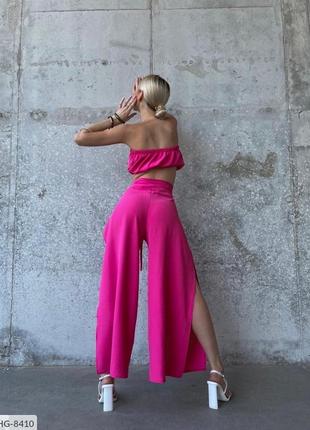 Костюм комплект кроп топ брюки юбка штаны широкие прямые палаццо расклешенные на запах малиновый моллчный черный розовый синий электрик2 фото