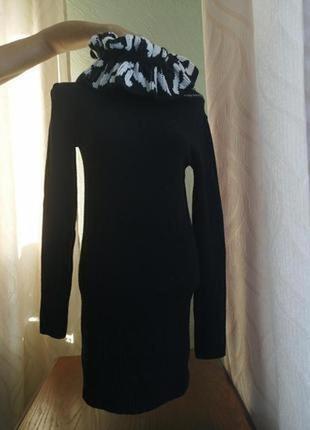Вязаный удлинённый свитер туника. вязаное чёрное мини платье. хс-м7 фото