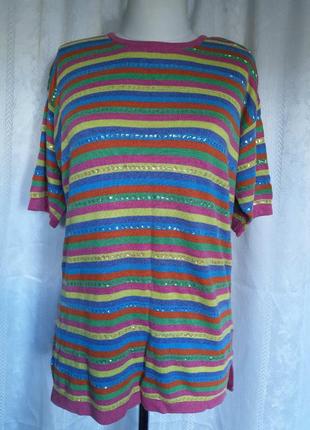 Женская трикотажная яркая кофта, натуральная футболка, блузка, блузка в полоску с пайетками6 фото