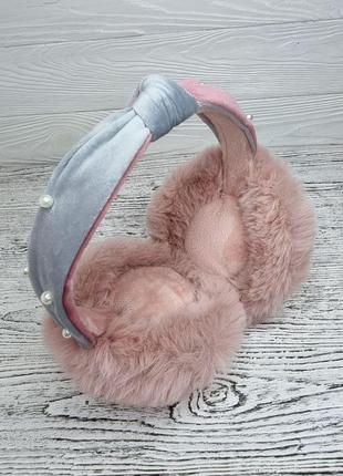 Теплі хутряні навушники складаються з обручем-чалма з перлинами рожеві1 фото