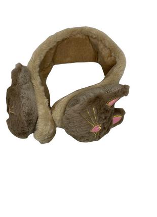 Теплі хутряні навушники дитячі з котиком коричневі
