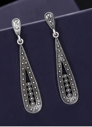 Сережки довгі в стилі бохо вінтажні під срібло краплі