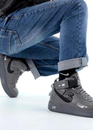Зимние высокие кожаные кроссовки nike air force 1 mid grey (найк аир форс на меху серого цвета)