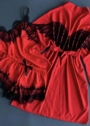Червоний халат із крилами та піжама, комплект трійка  44, 46, 48