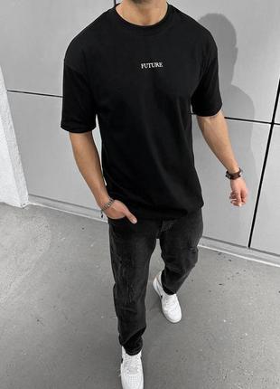 Мужская черная оверсайз футболка / свободная футболка мужские на весну1 фото