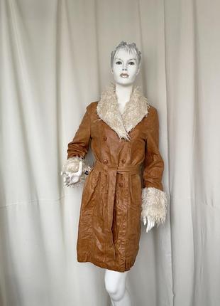 Part two кожаный плащ пальто с поясом с мехом в виде пенни лейн penny lane стиль бохо2 фото