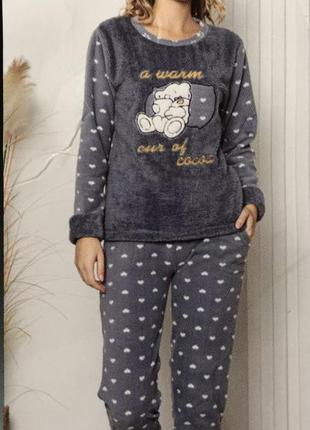 Теплая пижама софт-флис, брюки+кофта+повязка для сна