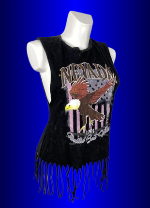 Футболка жіночаx бавовняна чорна з бахромою рокерська неформальна з принтом орла nevada primark