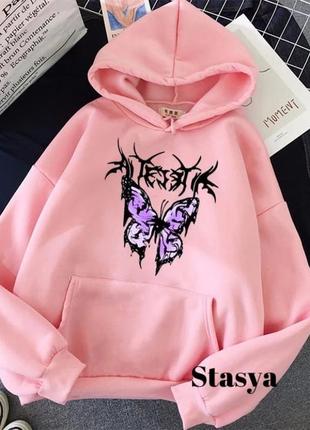 Женское худи с принтом  бабочки и капюшоном в расцветках двухнитка (черный, лиловый, розовый, белый, ) 42-48