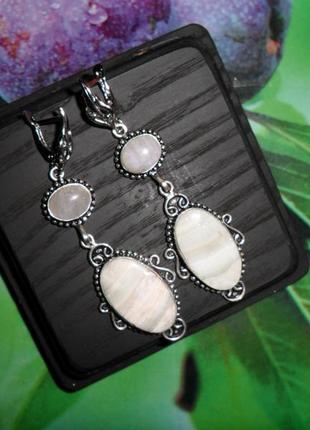 Сережки з натуральними білими агатами та місячним каменем, сережки з натуральними каменями, індія1 фото