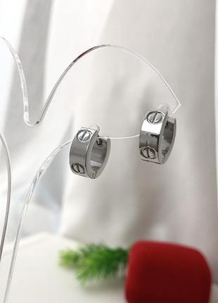 Серьги картье, лове, тренд, плоские, под серебро, круглые, серьги кольца