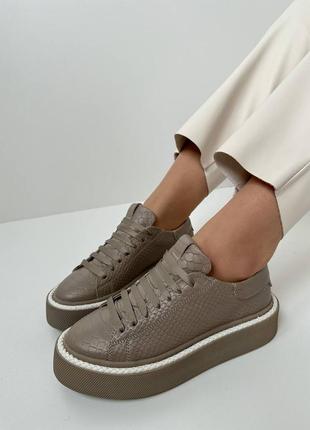 Качественные кожаные кеды "рептилия" кэмел
