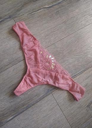 22/56/xxxl,роскошные перламутровые коралловые  трусики танга с ажурной вставкой