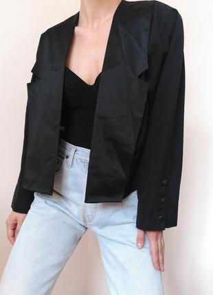 Винтажный шерстяной пиджак черный жакет шерсть укороченный пиджак винтаж жакет смокинг атласный пижа7 фото