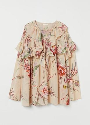 Бежевая блузка блуза в цветы h&amp;m оверсайз блуза с воланами рюшами свободная рубашка беж1 фото