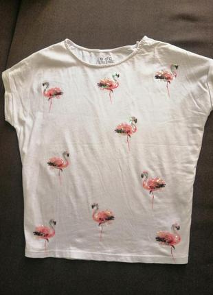 Белая футболка в розовые фламинго пайетки катон новая3 фото