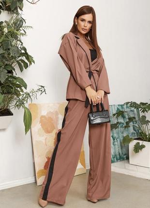 Костюм блуза на запах та штани палаццо коричневий зелений хакі темно-зелений