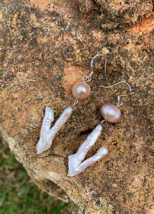 Срібні сережки з ліловими та барочними перлами "ліловий бутон"3 фото