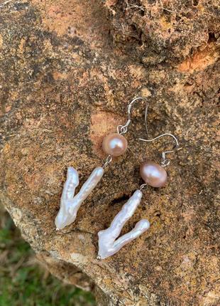 Срібні сережки з ліловими та барочними перлами "ліловий бутон"4 фото