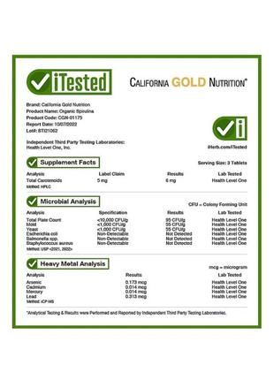 California gold nutrition органическая спирулина, сертификат usda organic, 500&nbsp;мг, 60&nbsp;таблеток4 фото