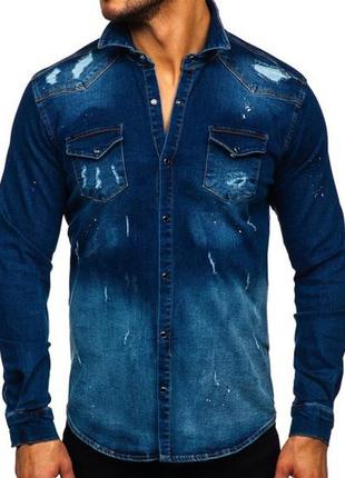 Темно-синя чоловіча джинсова сорочка з довгим рукавом💣💥💪