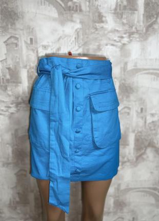 Голубая мини юбка с накладными карманами(024)2 фото