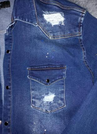 Стильная классная темно-синяя мужская джинсовая рубашка с длинным рукавом💣💥💪7 фото