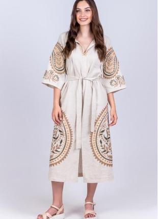 Современная вышиванка платье миди из льна