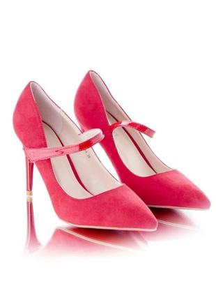 Червоні замшеві туфлі човники на шпильці з ремінцем2 фото