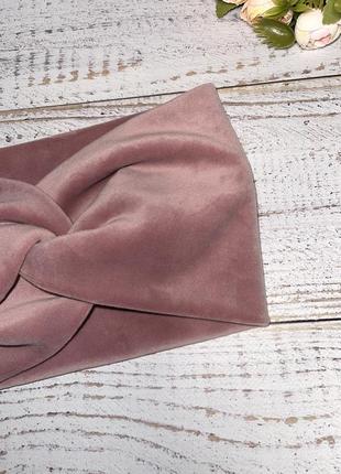 Повязка – чалма на голову широкая (14 см) теплая велюровая темно - розового цвета2 фото
